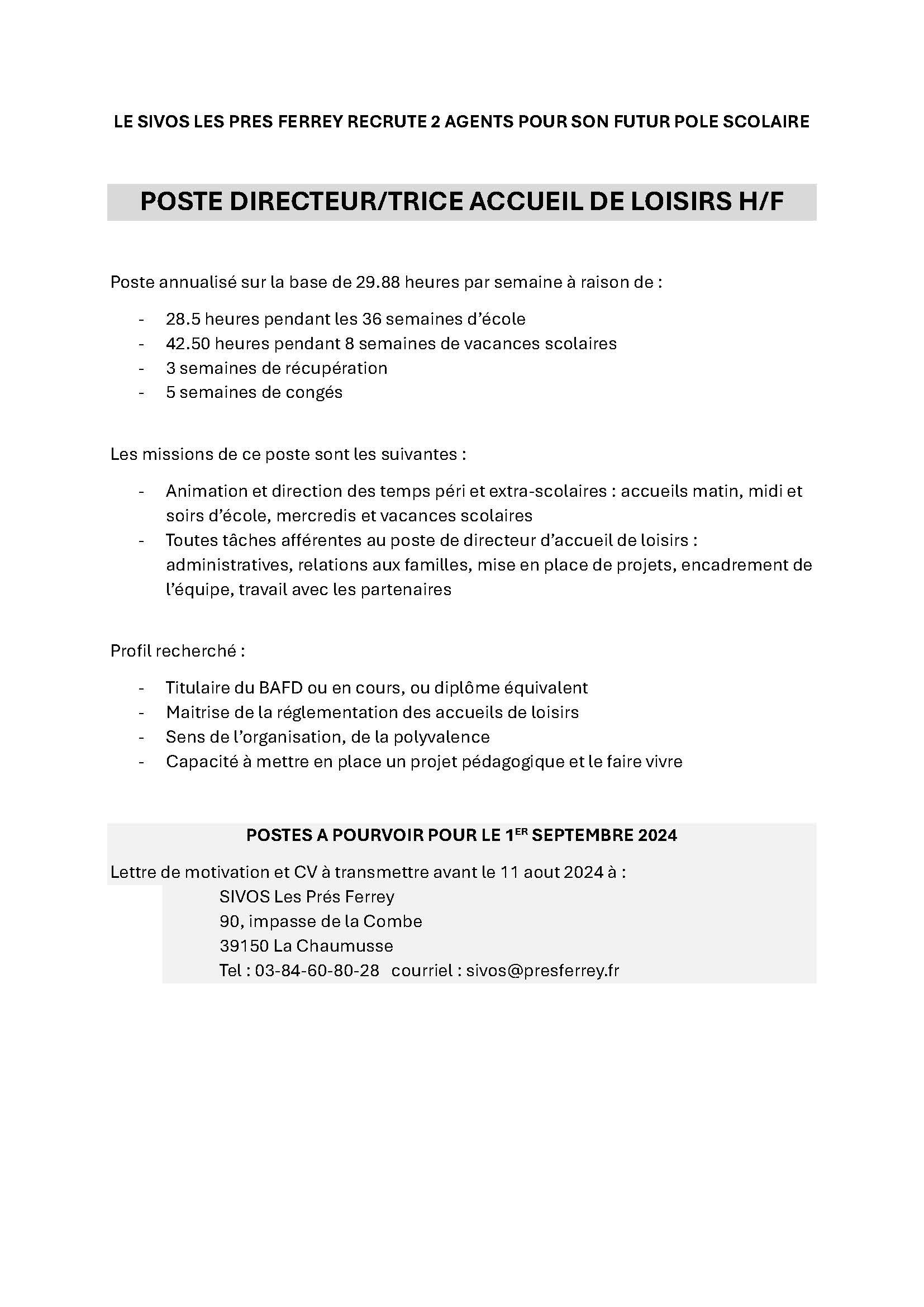 RECRUTEMENT DIRECTEUR TRICE ACCUEIL DE LOISIRS