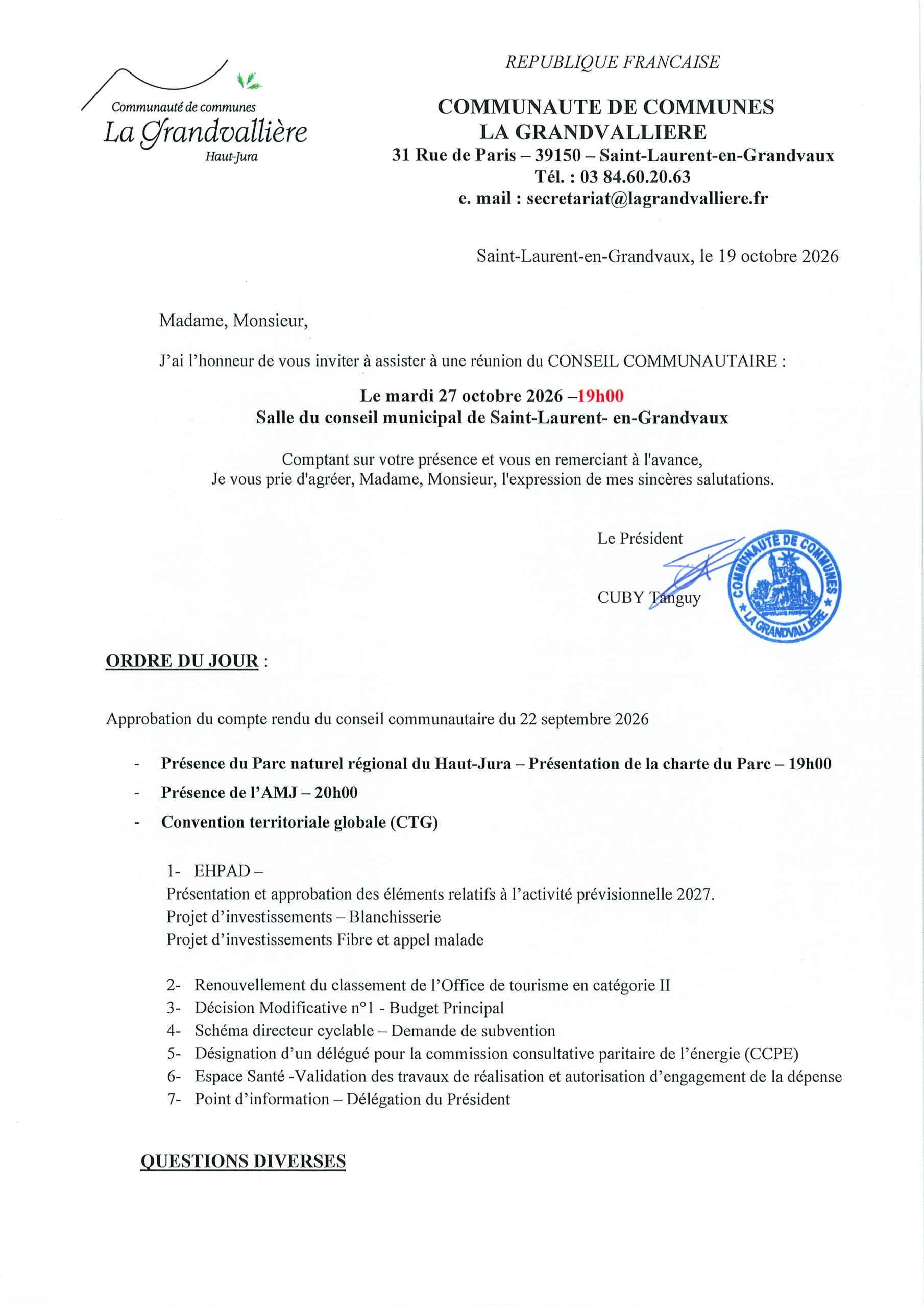 convocation conseil du 27 octobre 2026